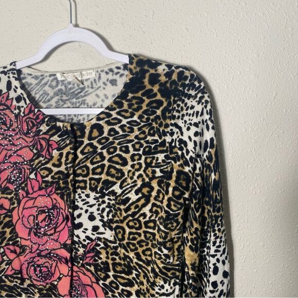 Boston Proper Animal Print Floral Jewled Button Front Cardigan Women's Size M - Picture 10 of 16